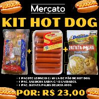 imagemKIT HOT DOG - CONTÉM  1 PACT. PÃO HOT DOG LEONCIO C/ 10UNID. + 1 PACT SALSICHA SADIA+ 1 BATATA PALHA DELICIA 100G
