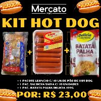 imagemKIT HOT DOG - CONTÉM  1 PACT. PÃO HOT DOG LEONCIO C/ 10UNID. + 1 PACT SALSICHA SADIA + 1 BATATA PALHA DELICIA 100G